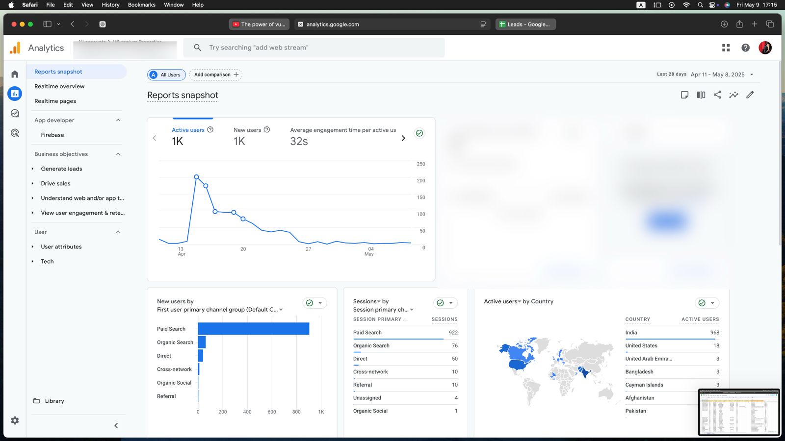 Analytics screenshot showing 1K new users acquired in one month for a real estate client by Rural Minds LLP